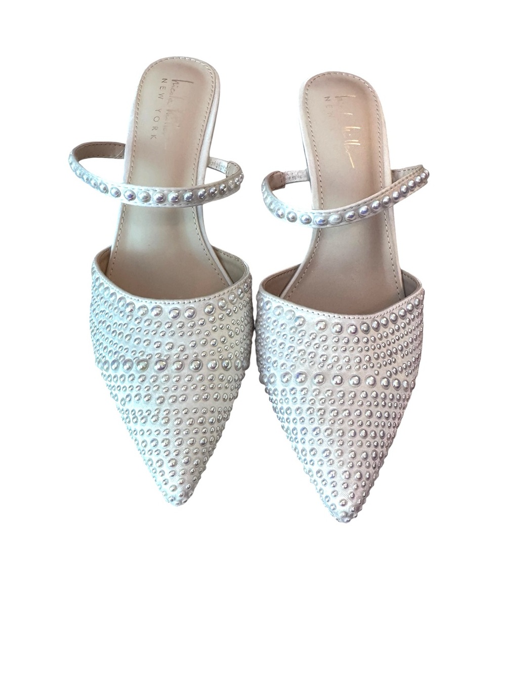 Nicole Miller White Pearl-Studded Pointed Toe Mules